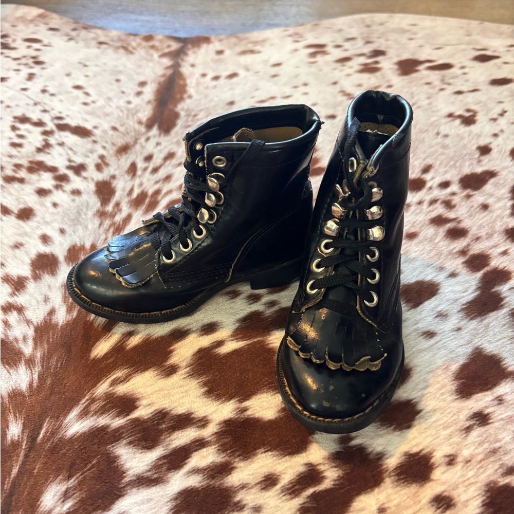 Vintage Black Ropers kiltie Leather Lace-Up silver Ankle Boots Fringe size 5c